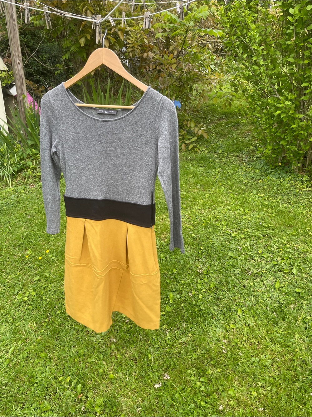 Colorblock Long-Sleeve Dress in Grey, Black & Mustard